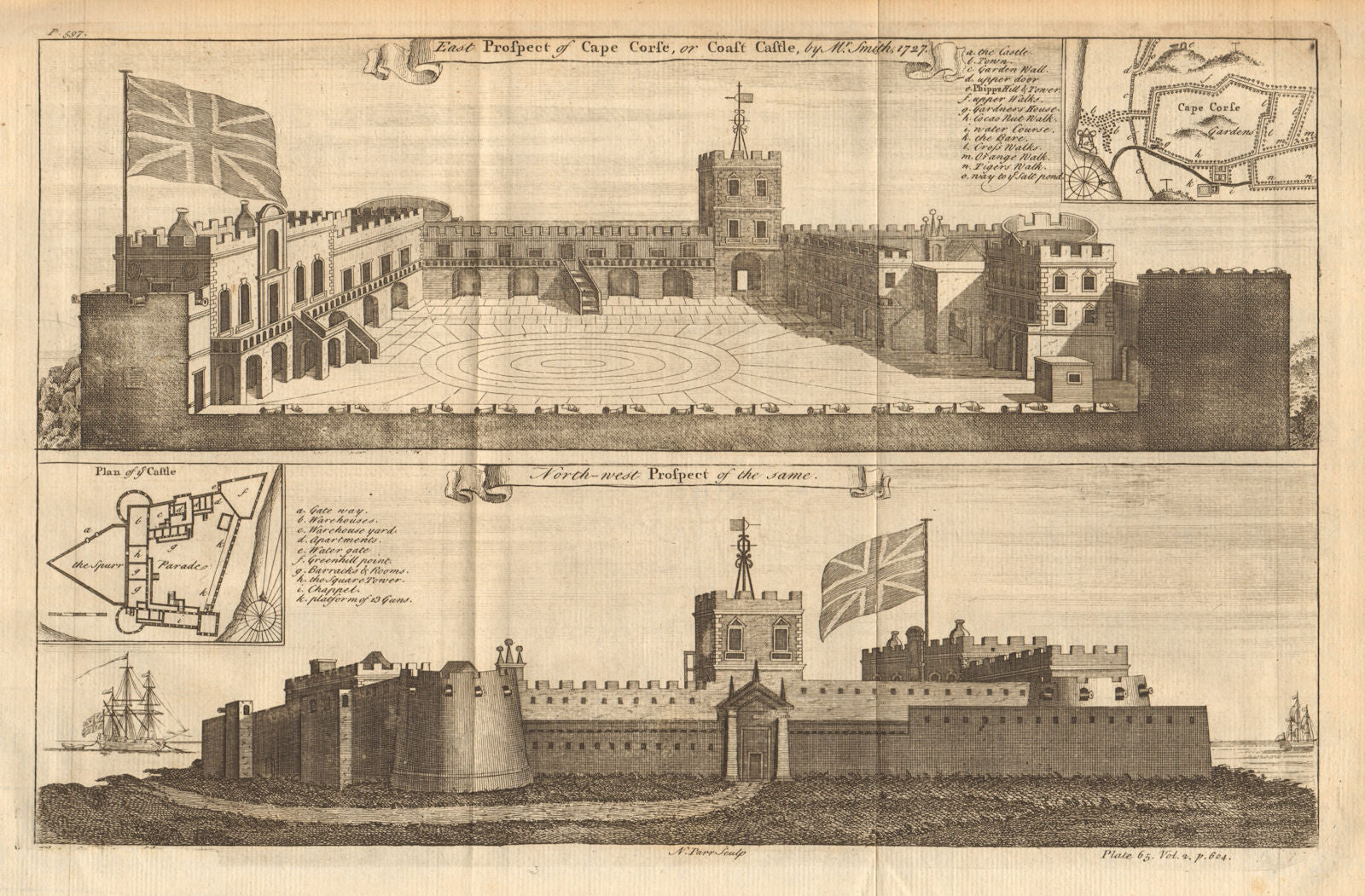 Two views of Cape Coast Castle. Ghana. William Smith 1745 old antique print